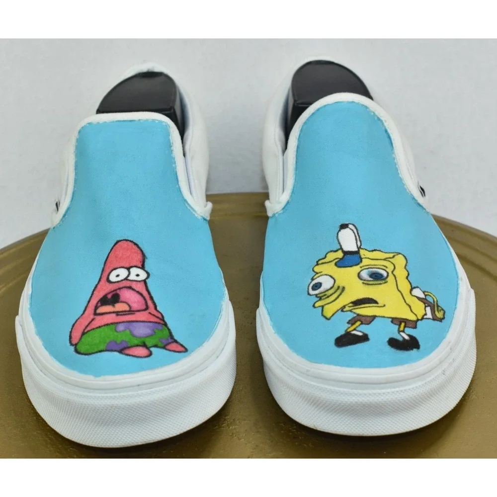 Vans Men Shoes Size 8.5 Custom White Painted Rare SpongeBob & Patrick Slip On